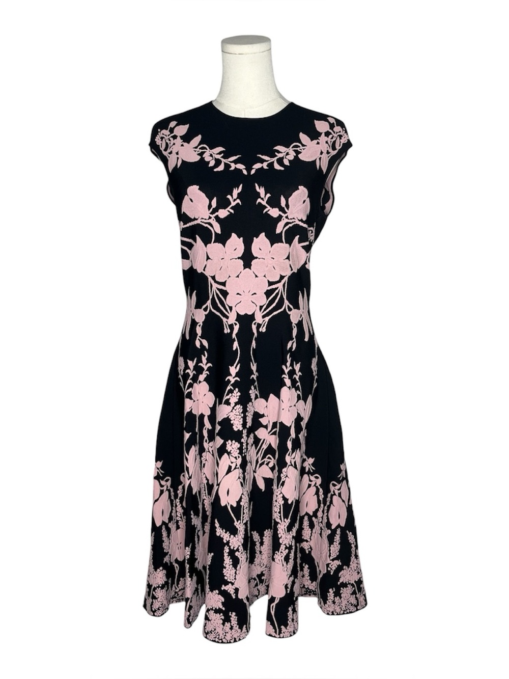 Alexander McQueen Black Pink Floral Jacquard Knit Cap Sleeve Fit & Flare Dress